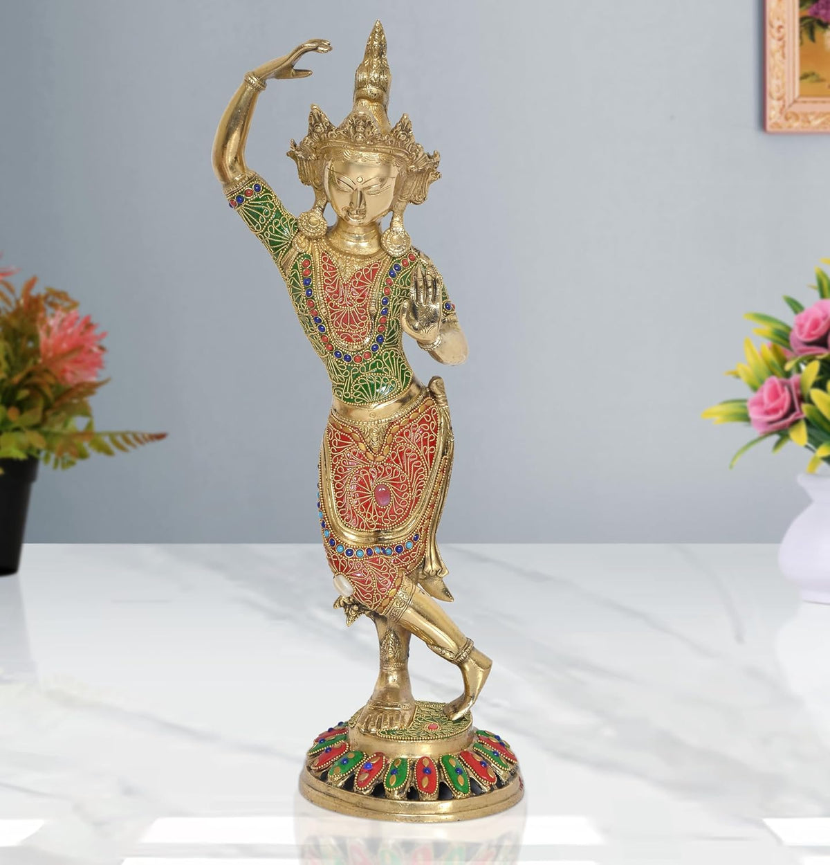 Brass dancing Tara Devi statue, gold face with green and red jeweled dress