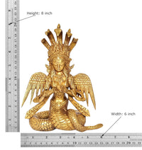 Brass Naga Kanya statue, height 8 in and width 6 in; seated goddess with wing details