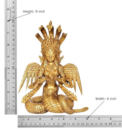 Brass Naga Kanya statue, height 8 in and width 6 in; seated goddess with wing details