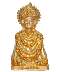 Brass Khatu Shyam idol statue, detailed face and radial halo over patterned robe