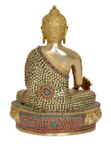 Back view brass Buddha statue, embellished robe and seated pedestal base