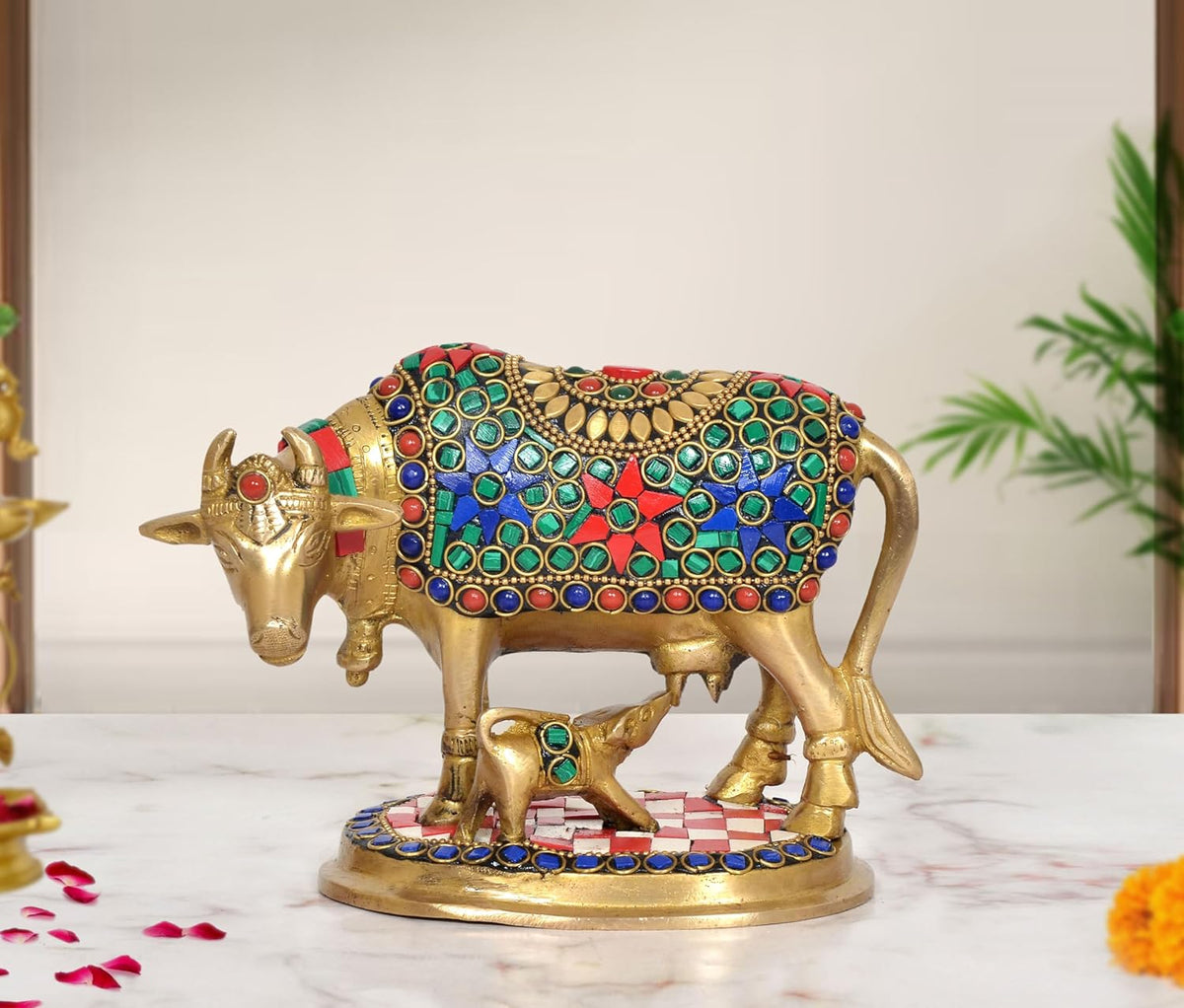 Brass Kamdhenu cow and calf showpiece, multicolor jeweled mosaic, front view