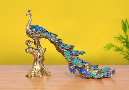 Brass Peacock with Stonework Showpiece (Height: 9 inch)