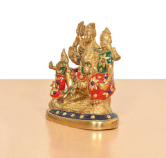 Brass Shiv Parivar idol side view, gold finish with floral multicolor attire