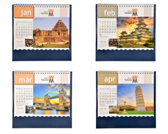Desk calendar month panels showing Jan, Feb, Mar, and Apr with monument scenes