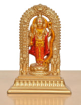 Resin Ram Lalla murti front view, golden arch and red-gold deity attire