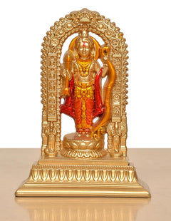 Resin Ram Lalla murti front view, golden arch and red-gold deity attire