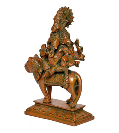 Brass Heramba Ganesha statue, side view on horse, ornate base