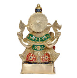 Back view of brass Ganesha statue, blue crown top, green draped ornaments, front base