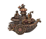 Steampunk-Gondola-Statue aus Harz, 3/4-Ansicht mit Antriebsrohren und rotem Laternenschirm