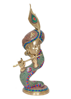 Brass Krishna flute idol with peacock crown, colorful robe with blue red green dot designs