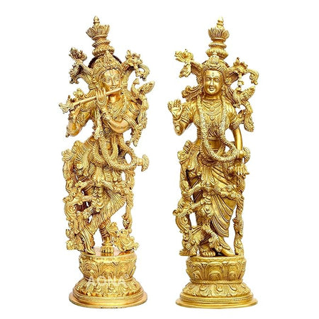 Brass Radha Krishna Figurine (Golden) (Height: 15 Inches)