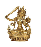 Brass Manjushree statue close-up, serene face, crown, jewelry, seated base
