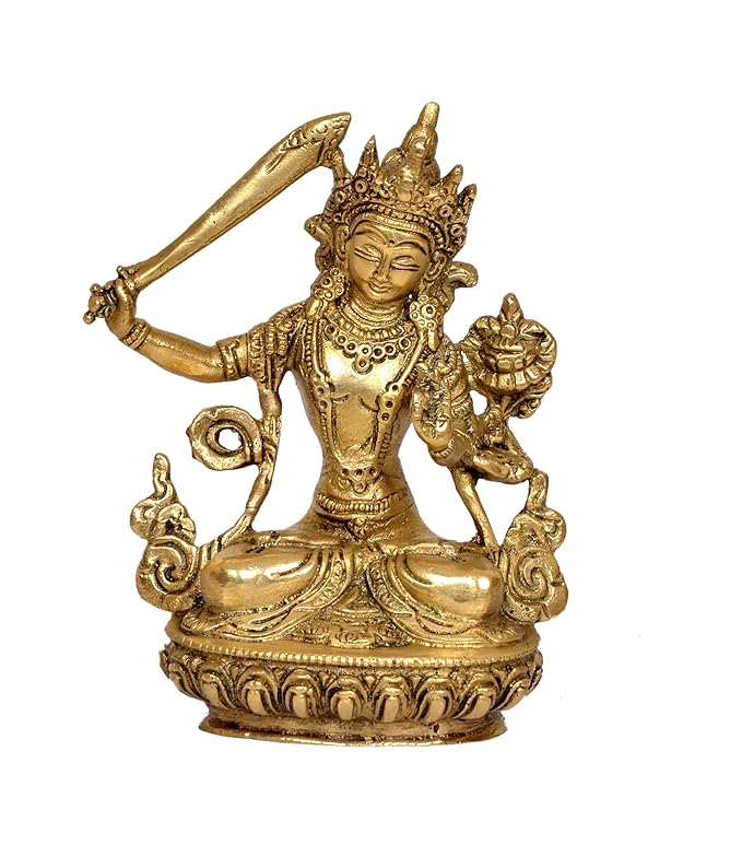 Brass Manjushree Statue - Home Decor | Traditional Buddhist Art | Spiritual Sculpture for Wisdom (Height 6 Inch)