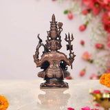Copper Shiv Parivar showpiece: seated bronze deity with tall headpiece and tridents