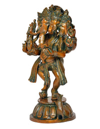 Brass Panchmukhi Ganesha dancing figurine, angled view of multi-arm arms and crown, green-gold