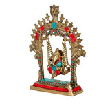 Brass Ganesha swing idol statue, full view with jeweled arch and dangling chains