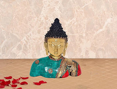 Brass Buddha bust statue with teal and red mosaic robe, gold face and black hair