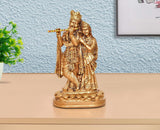 Golden Resin Radha Krishna idol, 8 inch height, standing pose with flute and companion