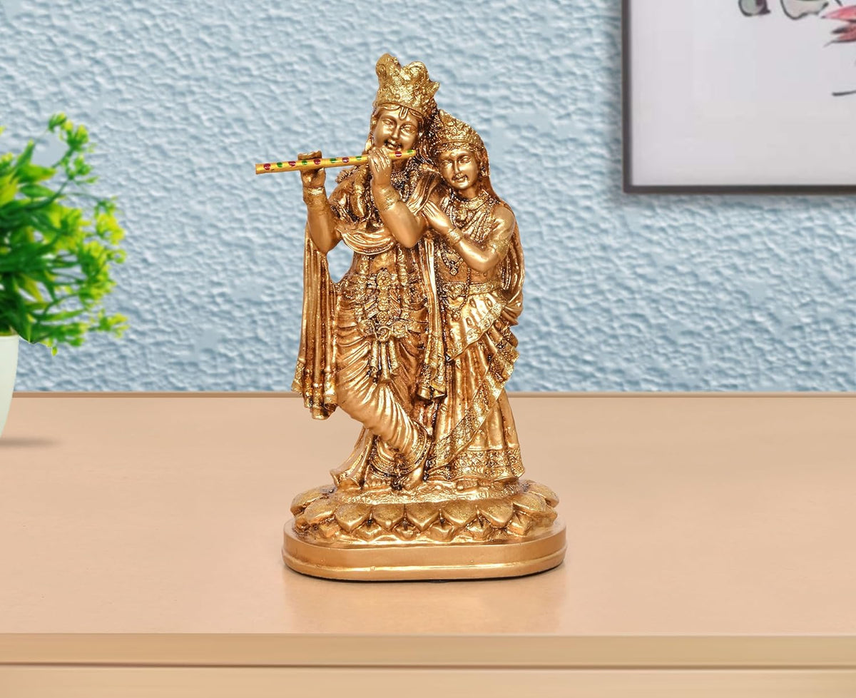 Golden Resin Radha Krishna idol, 8 inch height, standing pose with flute and companion