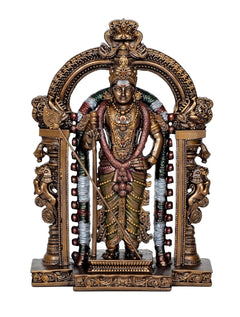 Resin Kartikeya Murti statue with detailed ornaments, raised arms and standing pose