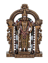 Kartikeya Swami statue, standing figure with crown, peacock-style ornate halo, full view