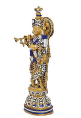 Brass Radha Krishna idol full side view, standing pose, blue-and-white beadwork