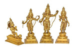 Golden brass Ram Darbar idol with four standing figures and bows on square pedestals