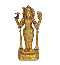 Golden brass Dhanvantri idol figurine, front view, ornate crown and jewelry