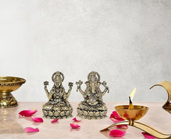 Brass Lakshmi & Ganesha seated idols on lotus, 2 inch Diwali pooja gift