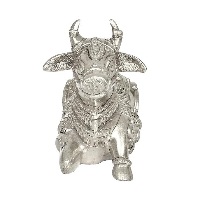 Brass Nandi cow idol statue, seated with ornate head and horns