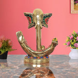 Brass Ganesha idol with jewel inlay, raised arms, 5 inch height