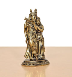 Superfine brass Radha Krishna idol, rear three-quarter view, flowing drapery and base