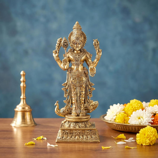 Brass Standing Lord Kartikeya with Peacock Murugan Murti for Home Decor Pooja Mandir Decorative Showpiece Murti (Height:8 Inches)