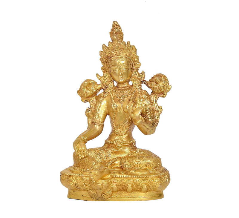 Brass Sitting Tara Devi Statue Tibetan Buddhist Deity (Height: 8.5 Inch)