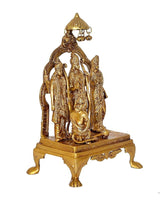 Brass Ram Darbar statue side view, gilt arched frame over central deity on base