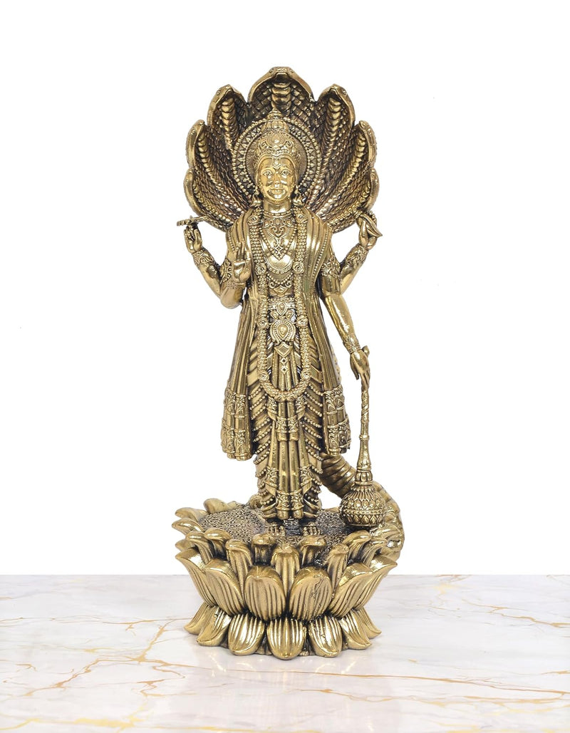 Bronze Vishnu Standing Statue on Lotus with Sheshnag (Height: 11 inch)