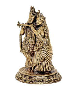 Radha and Krishna brass idol standing together on decorative round base