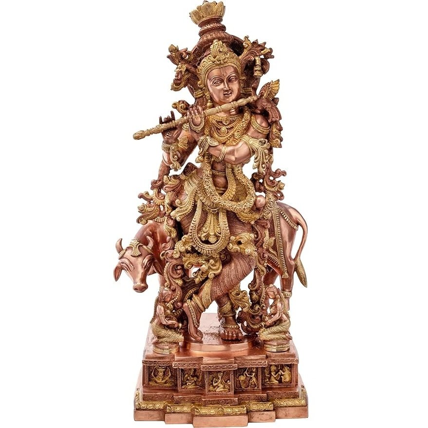 Brass Large Size Murli Krishna with a Cow on a Carved Pedestal Height 28 Inch (Gold and Copper colour)