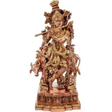 Krishna with cow statue, copper-toned brass, 28-inch tall, ornate details