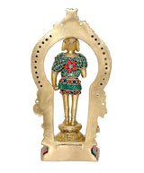 Brass Lord Kartikeya Murugan idol from behind, arched halo with colorful gem accents