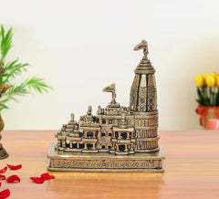 Brass ram mandir architectural model with main temple tower and base plate, 4 in
