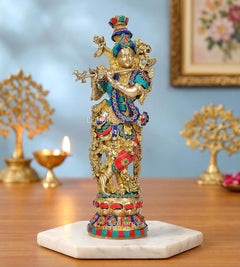 Escultura Krishna de latón con flauta, 15 in, azul/dorada, adornos multicolor