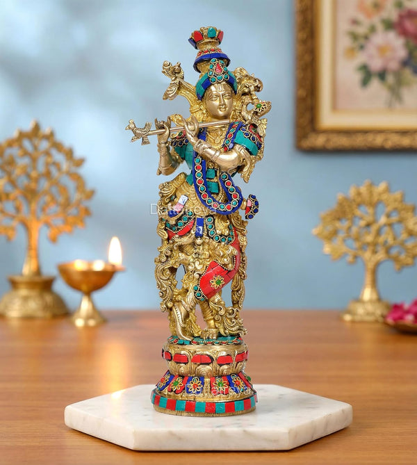 Brass Lord Krishna Sculpture Playing Flute (Height 15 Inches)