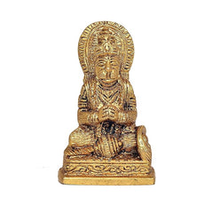 Hanuman Ji golden brass statue with crown-like headgear, seated pose on base