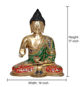 AONA meditating Buddha statue, height 17 in; gold and green-red robe, seated pose.