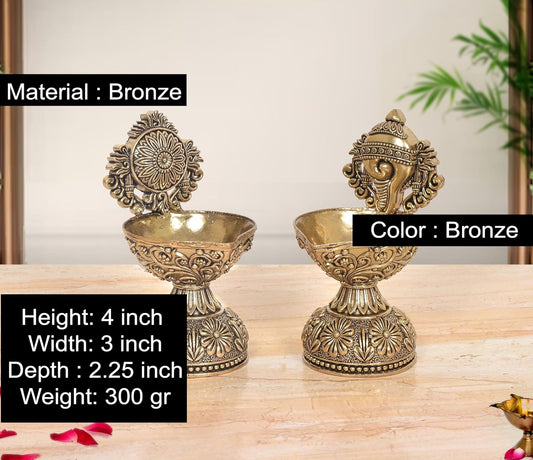 Bronze Traditional Diya Shankh, Chakra Oil Lamp Stand Vishnu Symbol (Height 4 Inch)