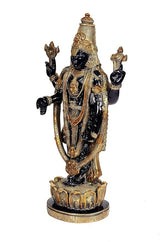 Brass Balaji idol figurine, gold crown and layered necklaces over a black torso