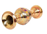 Brass flower vase planter shown from side with open top and etched design
