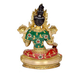 Brass Tara Devi idol, low view: black topknot, green blouse, red skirt, gold base